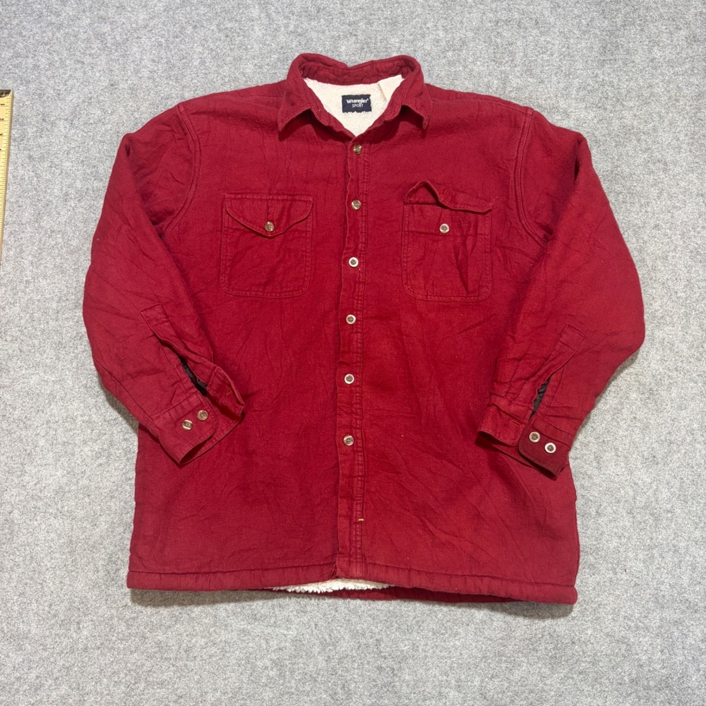 Wrangler Sport Mens Red Flannel Shirt Jacket Sherpa Lined Vintage Workwear L